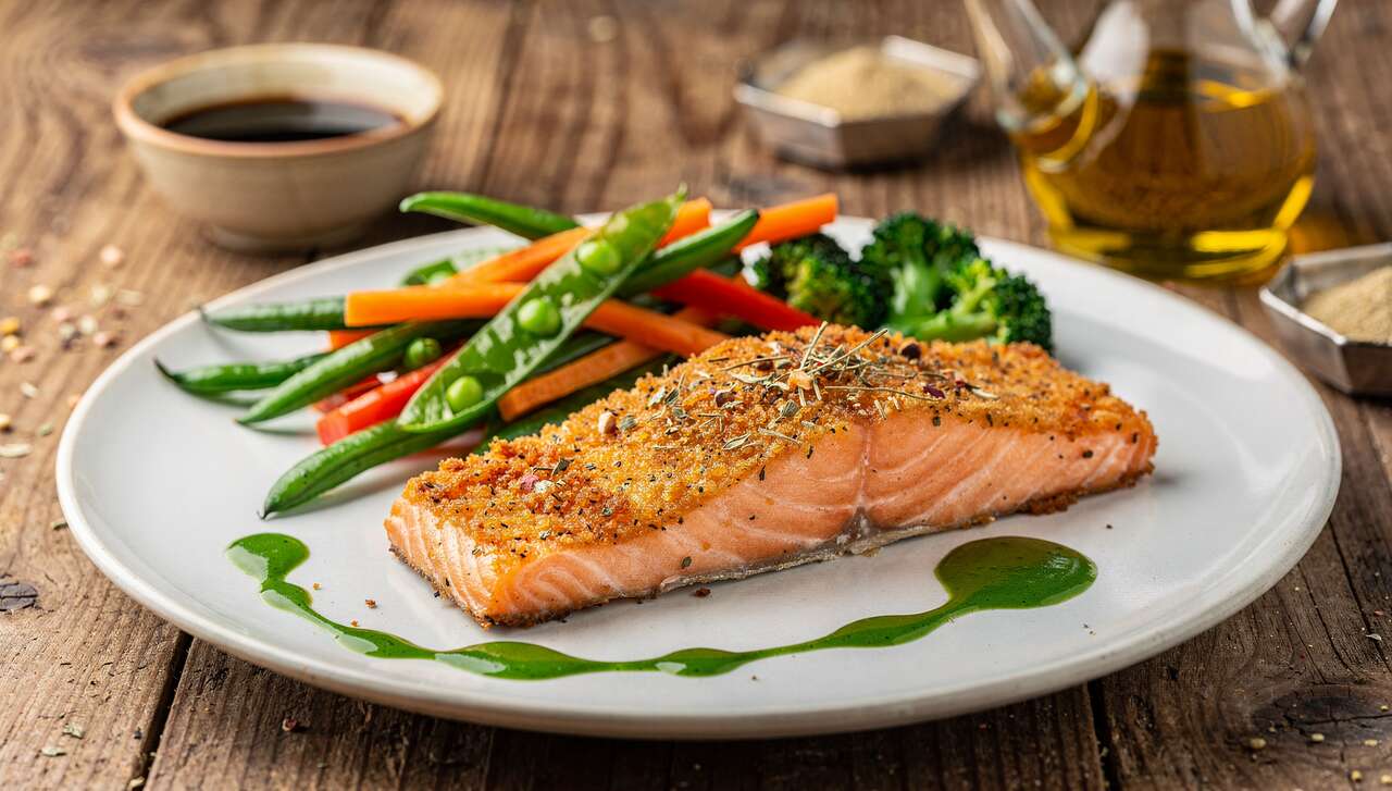 Pavé de saumon en croûte d'herbes, légumes au wok et jus de persil