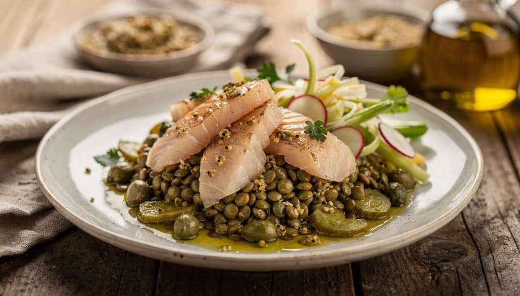 Salade de lentilles au flétan fumé, moutarde à l'ancienne et légumes croquants