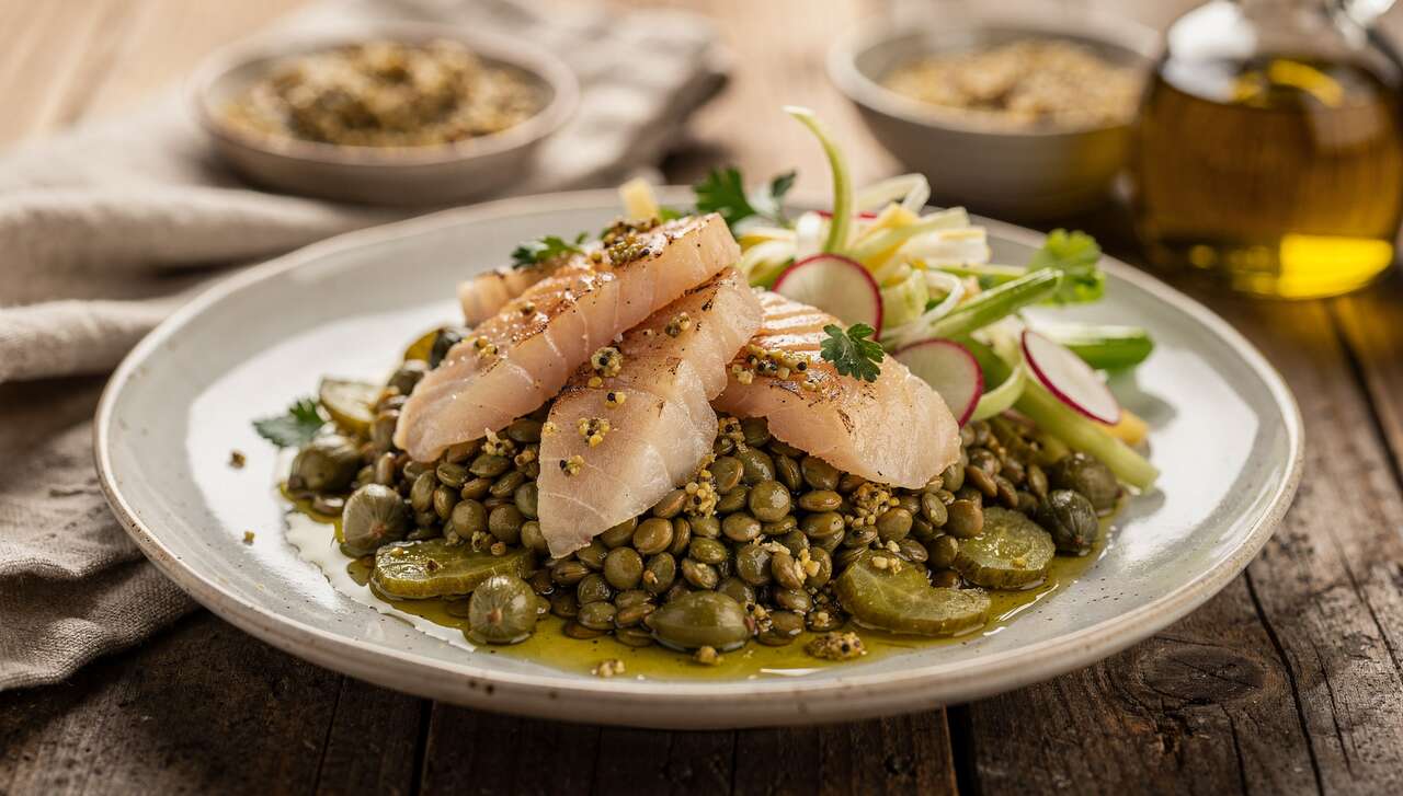 Salade de lentilles au flétan fumé, moutarde à l'ancienne et légumes croquants
