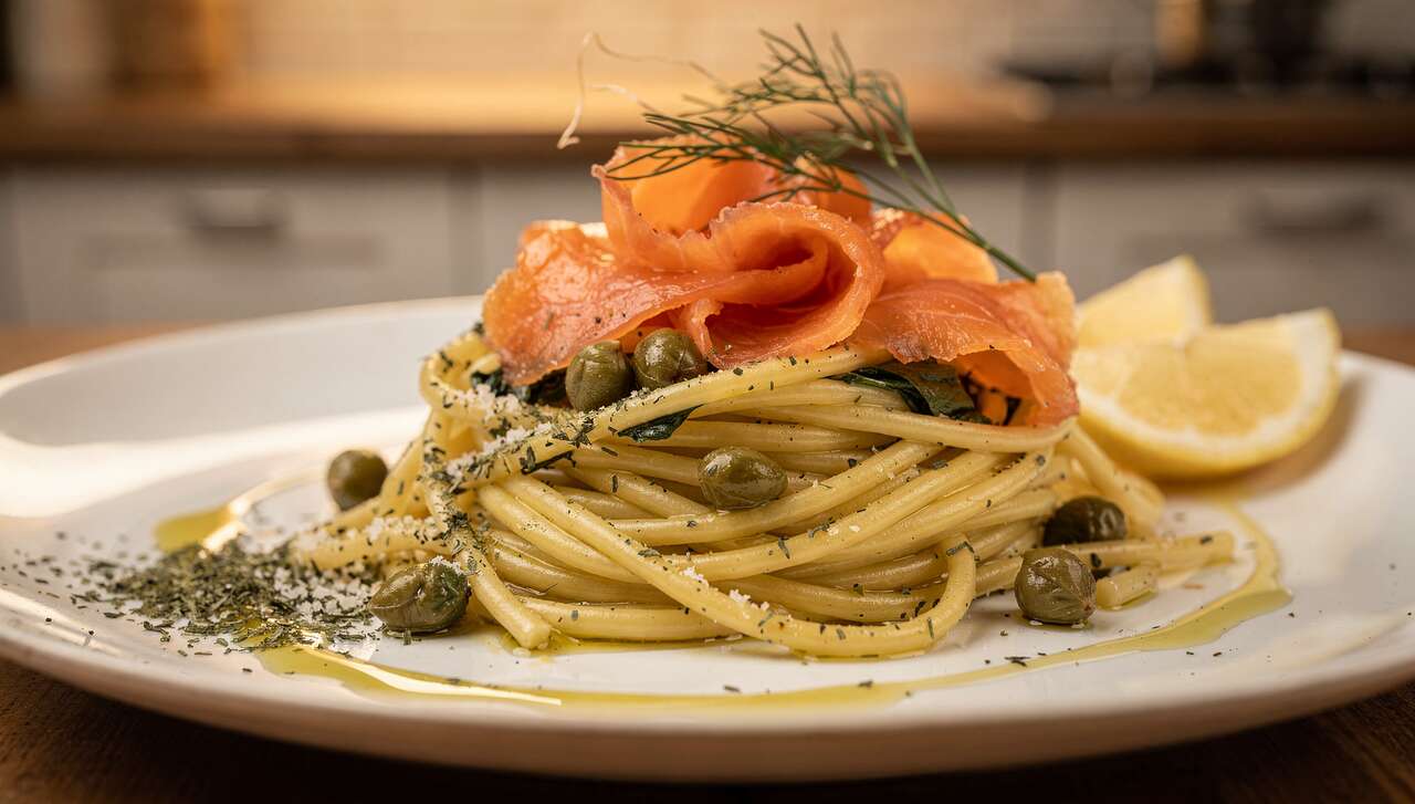 Spaghetti au saumon mariné et pousses d'épinards