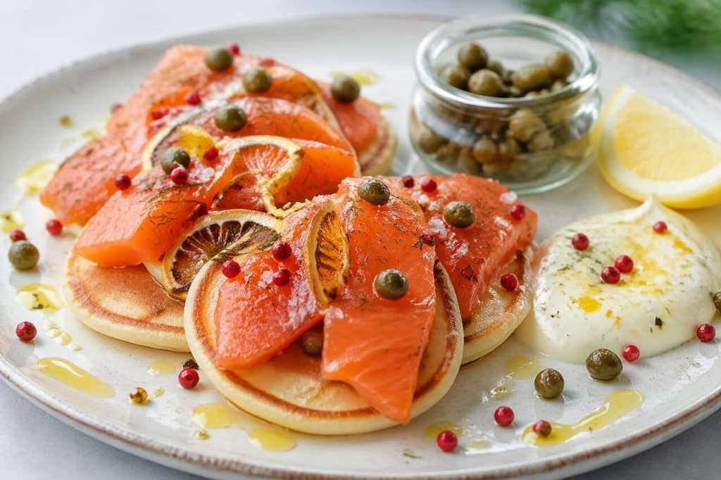 Saumon mariné à la fleur de sel, blinis et crème citronnée