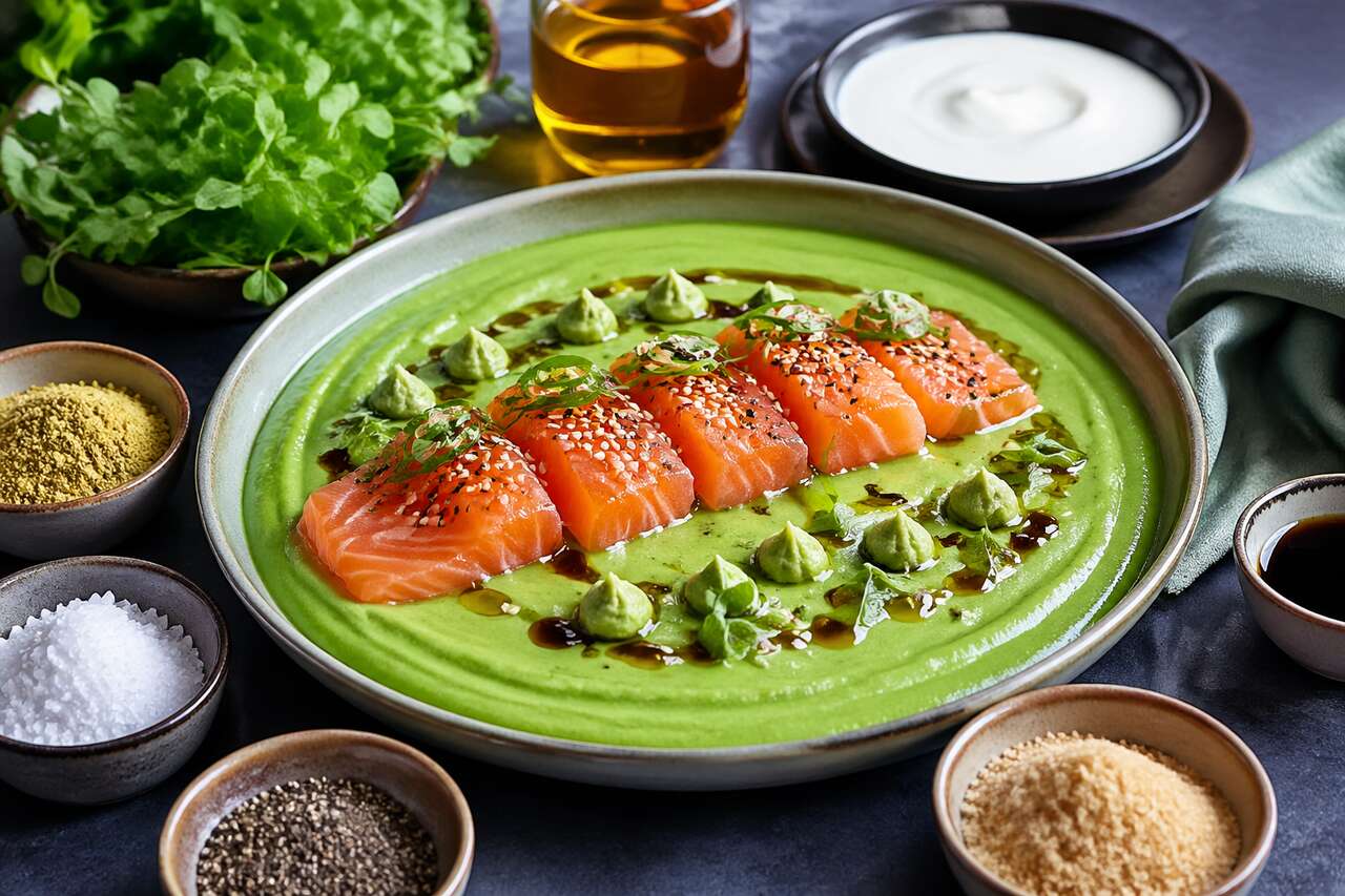 Crème de cresson : saumon mariné au wasabi