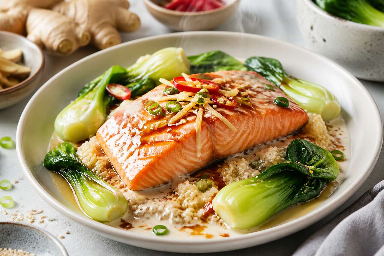 Pavé de saumon vapeur au gingembre, bok choy et quinoa à la crème de coco