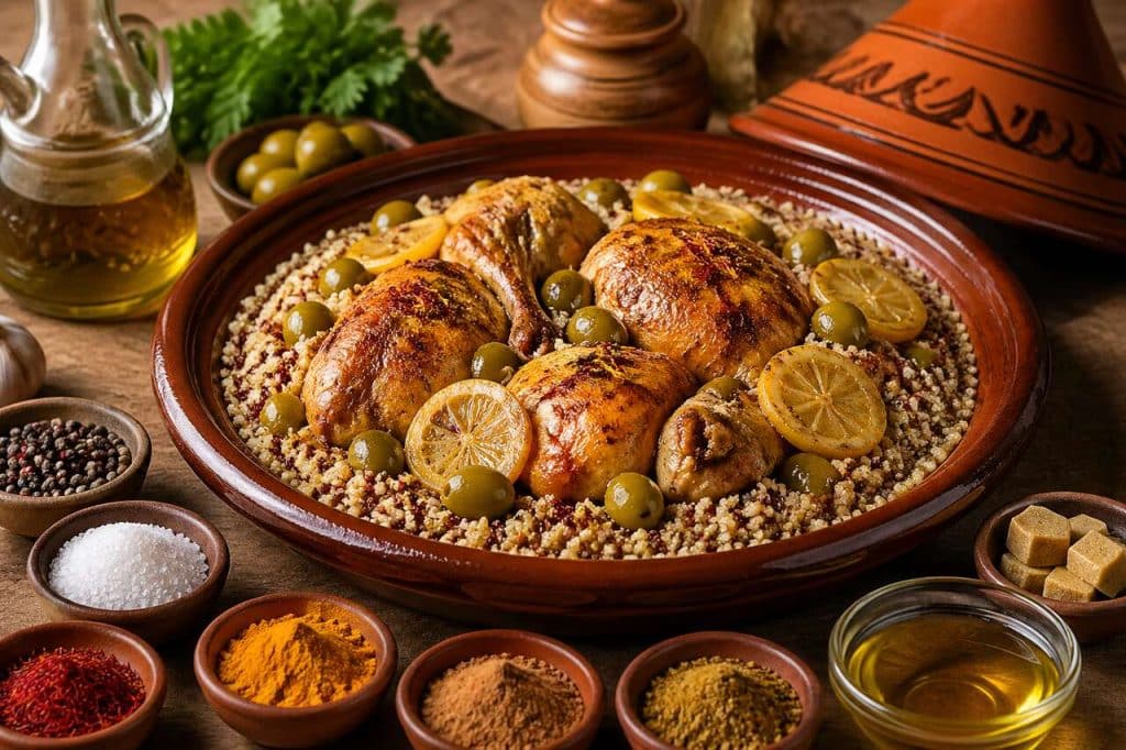 Tajine de poulet au citron confit et duo de quinoa
