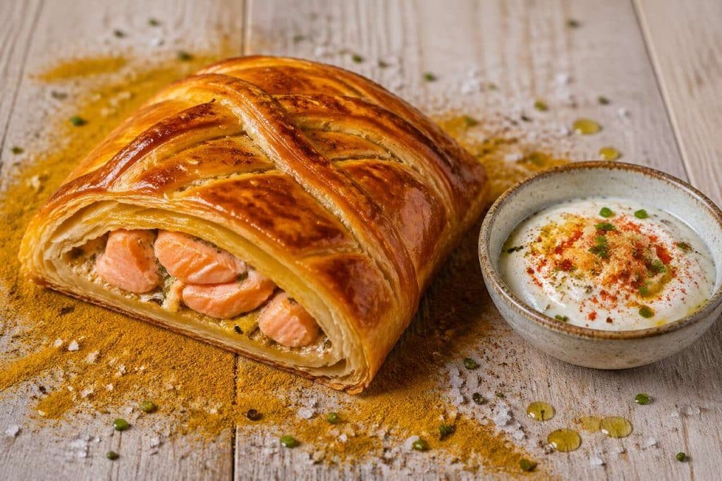 Chausson de saumon au curry et yaourt épicé au poivron