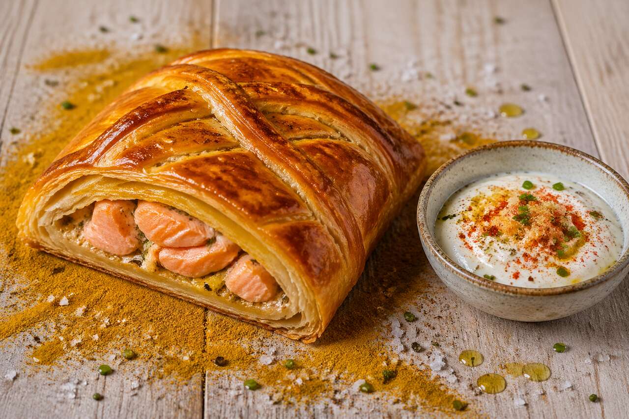Chausson de saumon au curry et yaourt épicé au poivron
