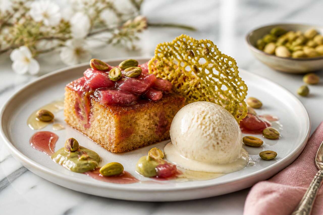 Gâteau à la rhubarbe, crème glacée à l'orgeat et tuiles dentelles pistache