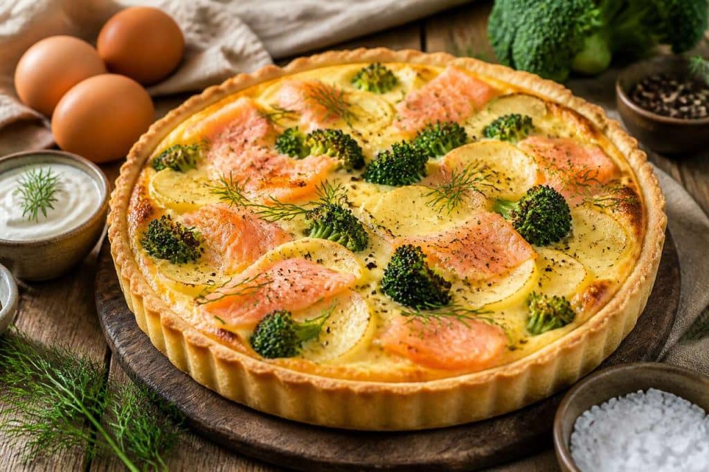 Quiche pommes de terre, saumon, brocoli : recette savoureuse