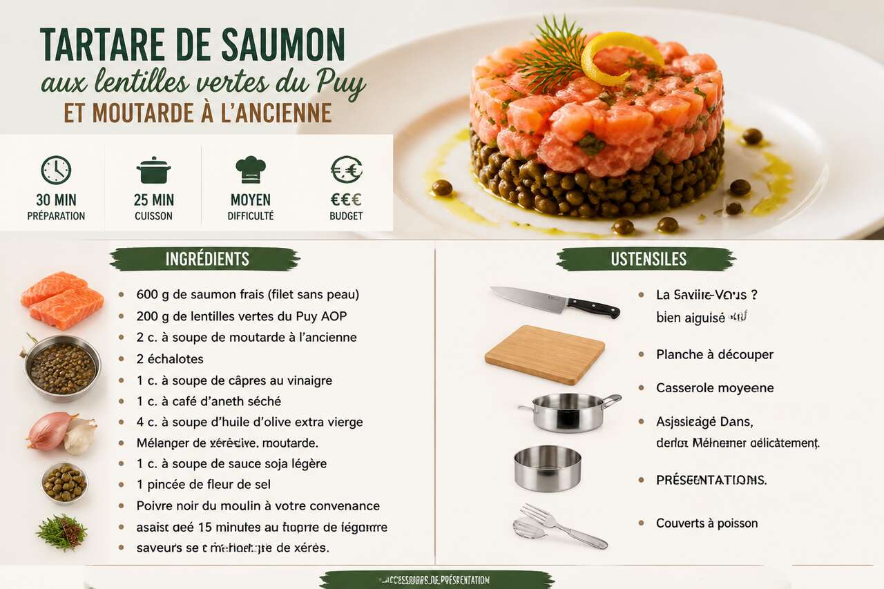 Fiche recette Tartare de saumon aux lentilles vertes du Puy et moutarde &agrave; l'ancienne : recette gourmande