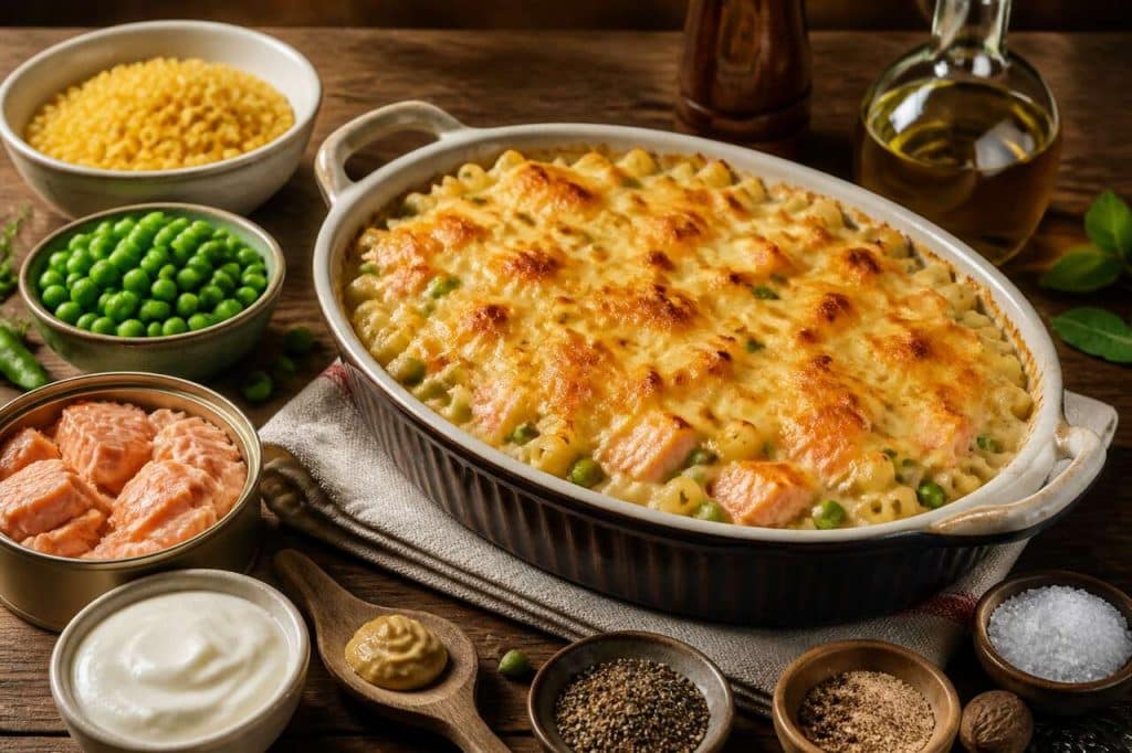 Gratin de coquillettes aux petits pois et saumon Cassegrain