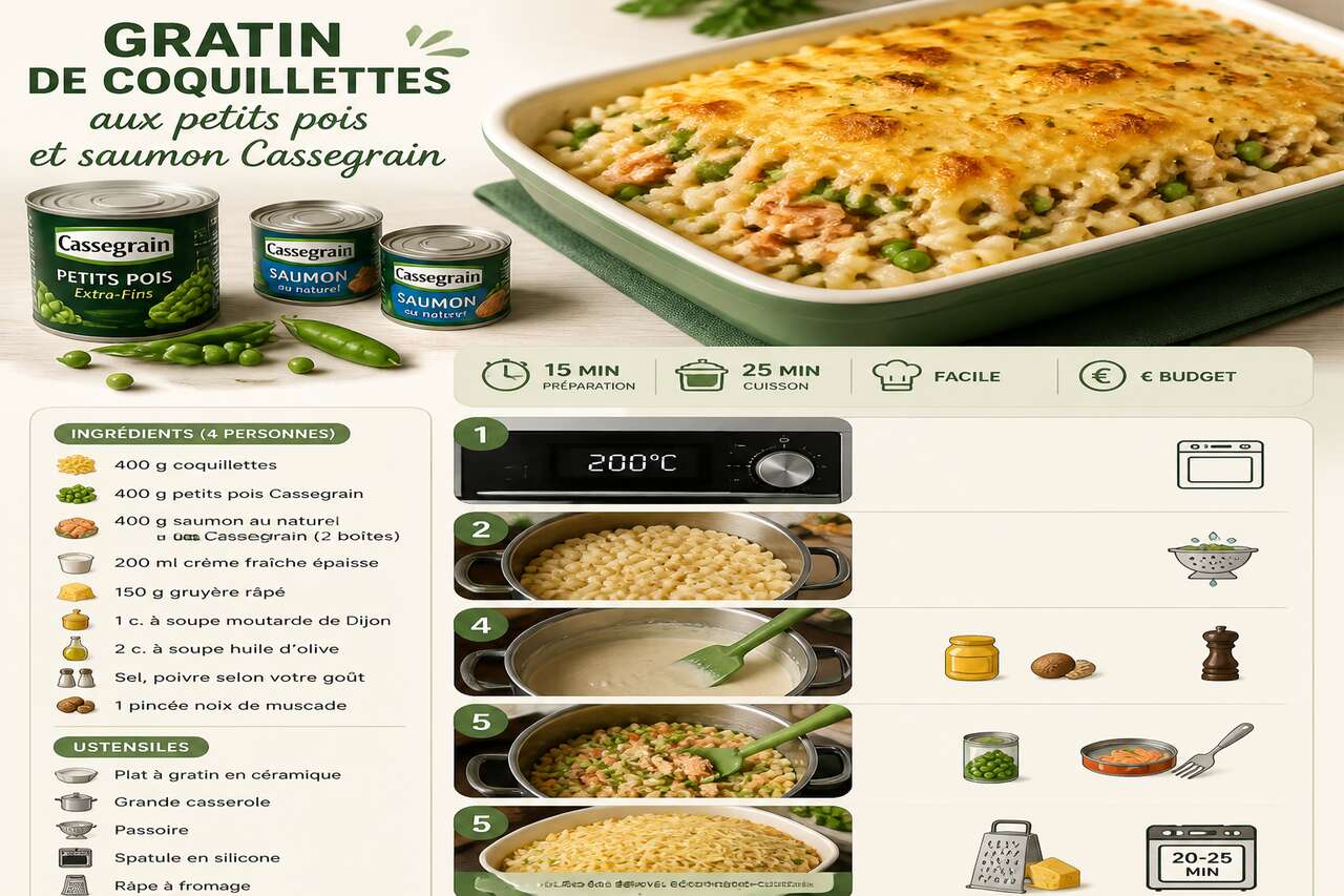 Fiche recette Gratin de coquillettes aux petits pois et saumon Cassegrain