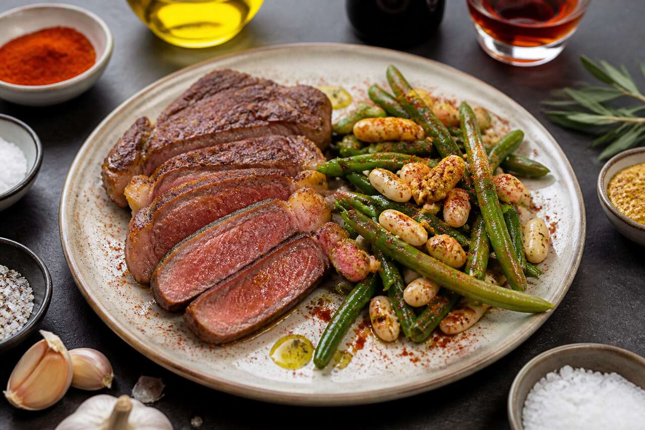 Rumsteck grillé et salade de haricots au paprika fumé