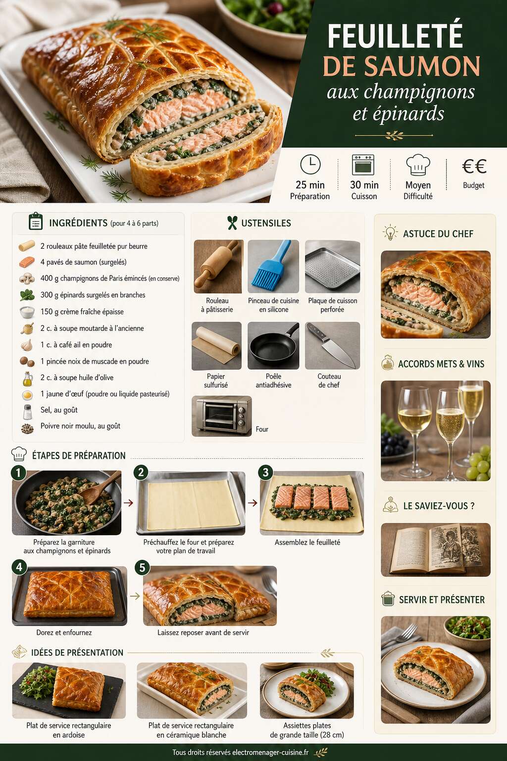 Fiche recette Feuillet&eacute; de saumon aux champignons et &eacute;pinards : une recette gourmande