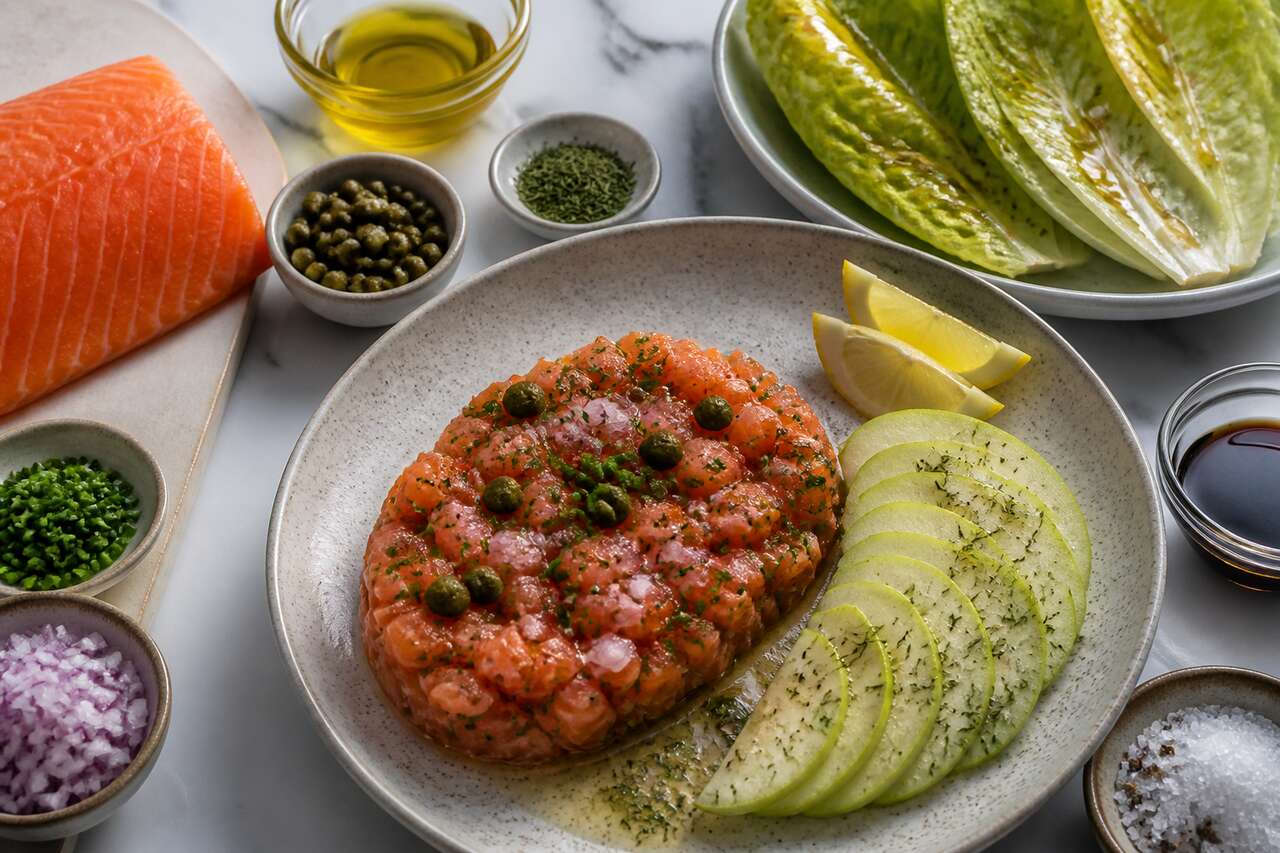 Tartare de saumon et pomme avec sucrine au miel