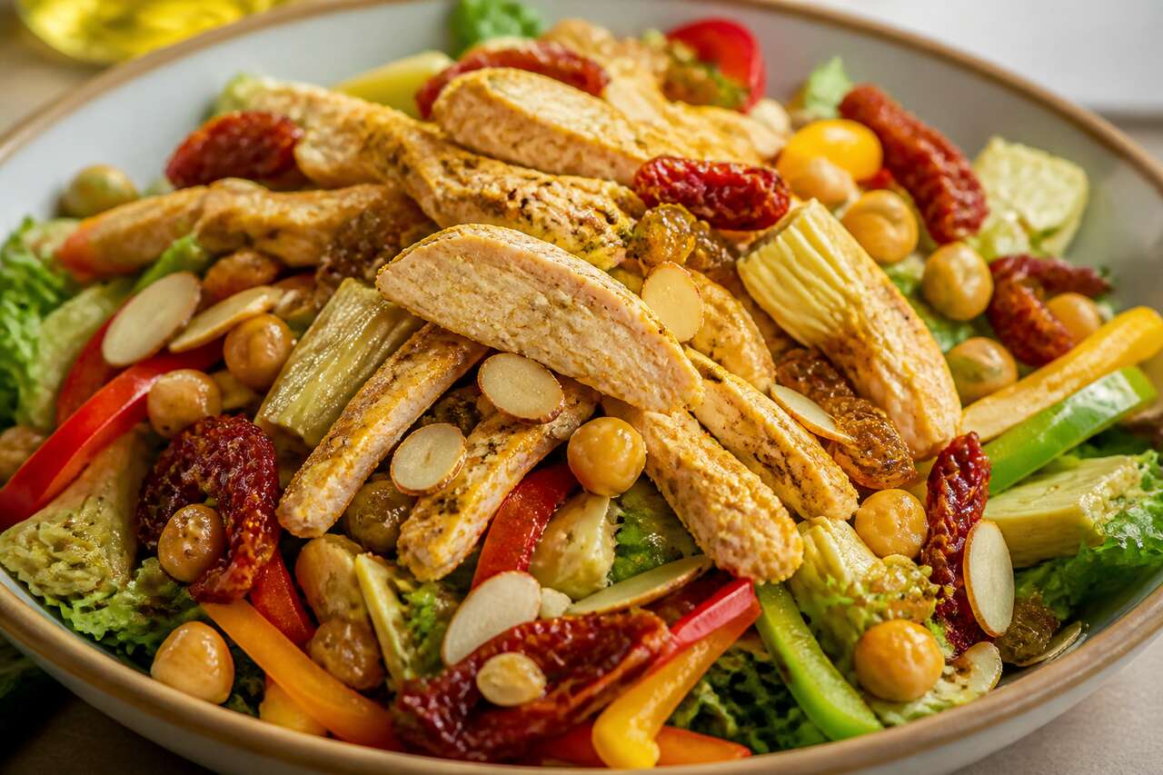 Salade de dinde marinée au curry et légumes confits