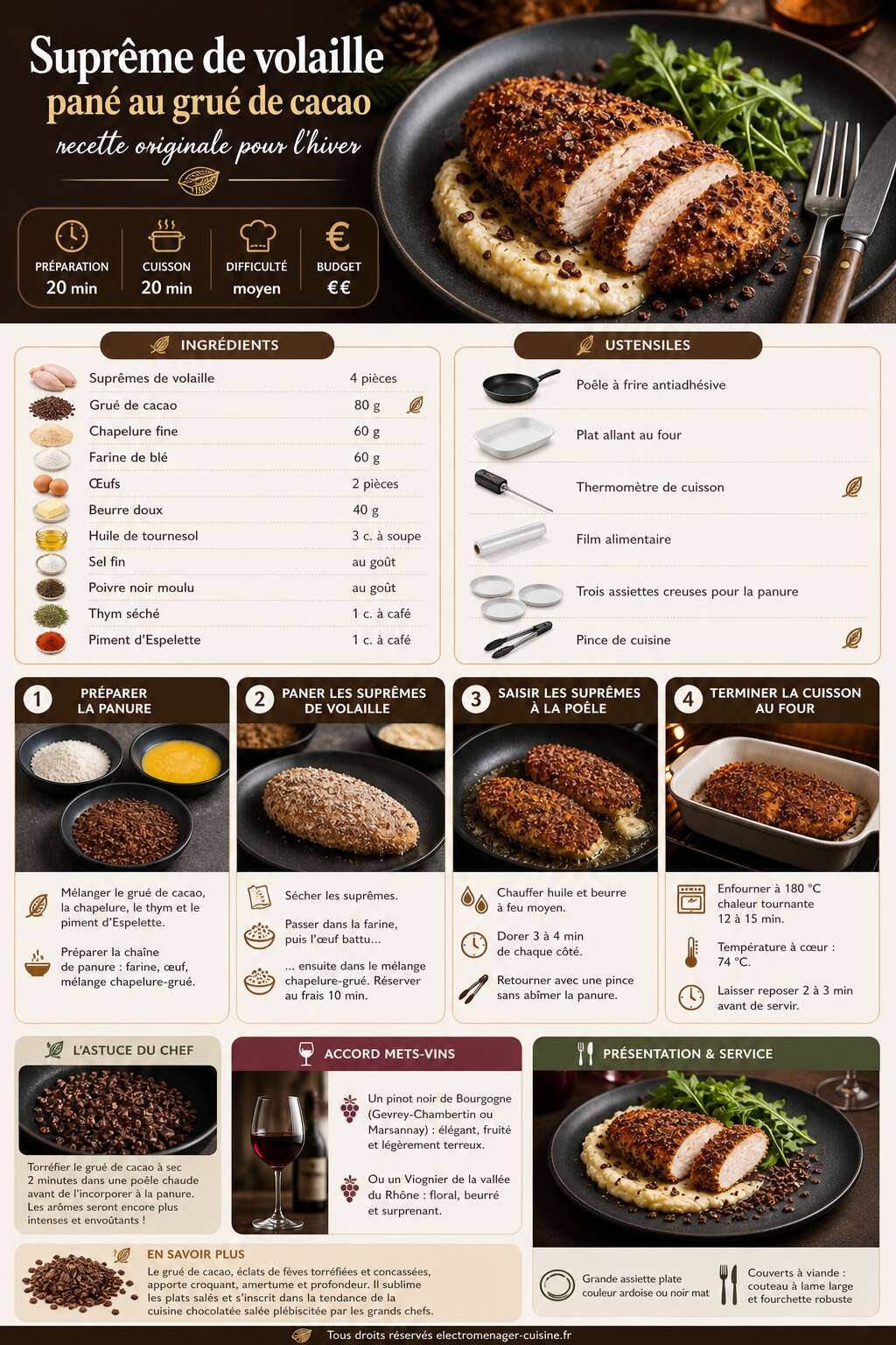 Fiche recette Supr&ecirc;me de volaille pan&eacute; au gru&eacute; de cacao : recette originale pour l'hiver
