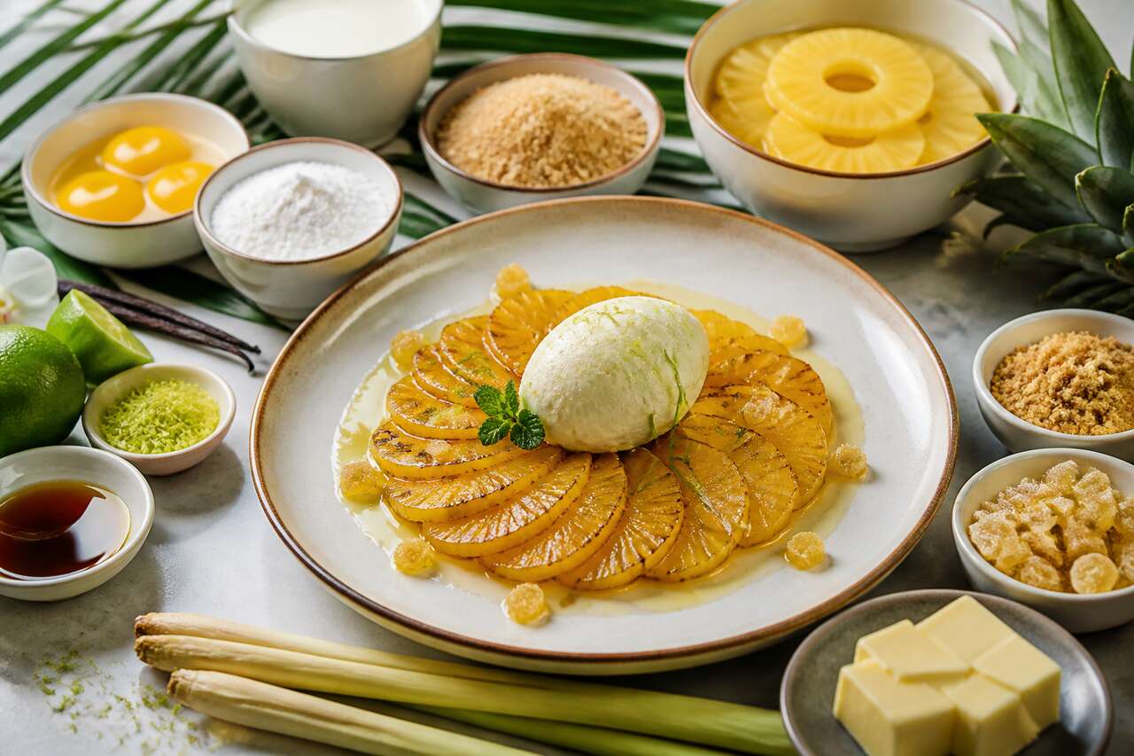 Recette fraîcheur : ananas confit à la citronnelle et parfait glacé au citron vert