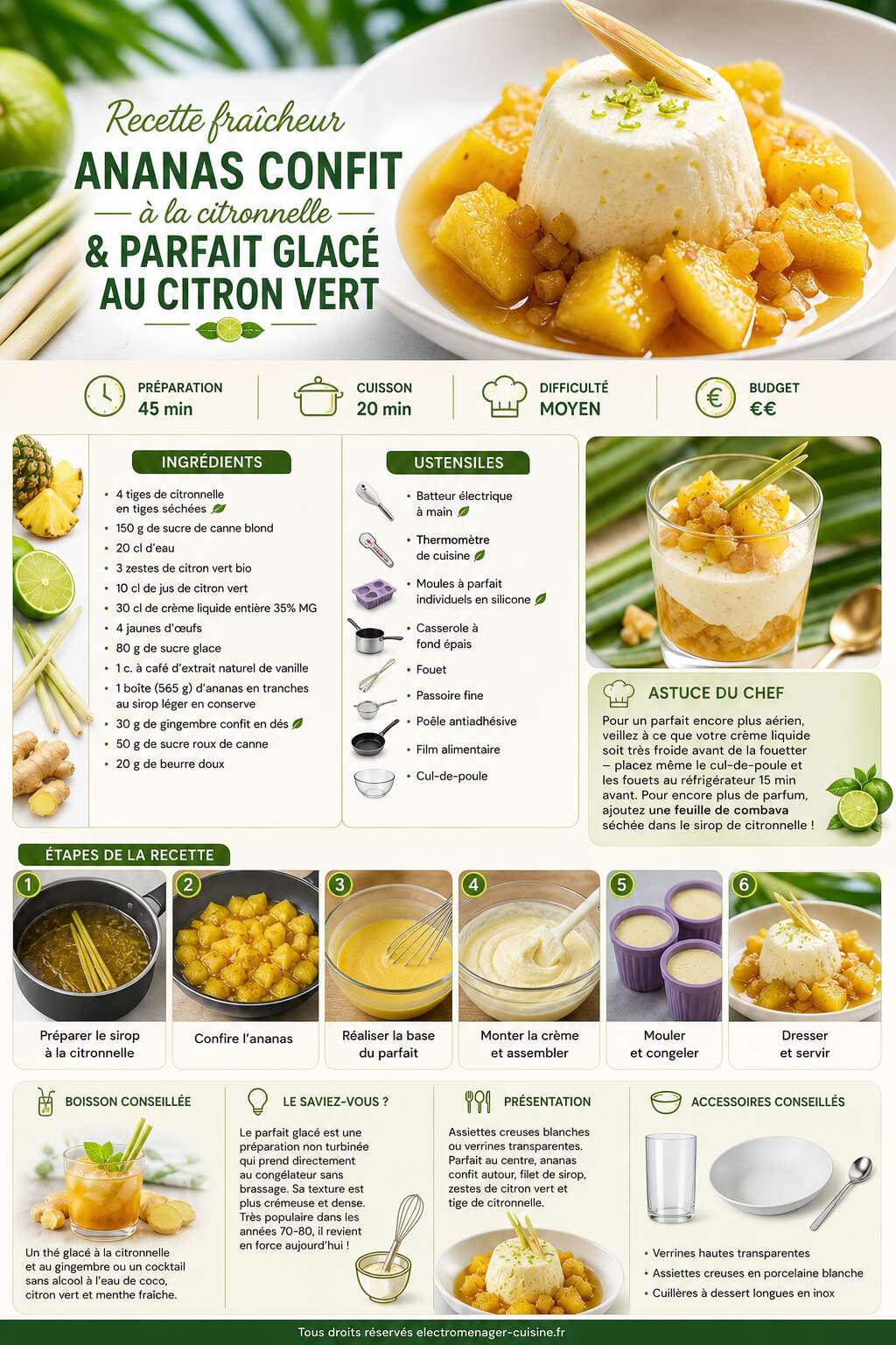Fiche recette Recette fra&icirc;cheur : ananas confit &agrave; la citronnelle et parfait glac&eacute; au citron vert