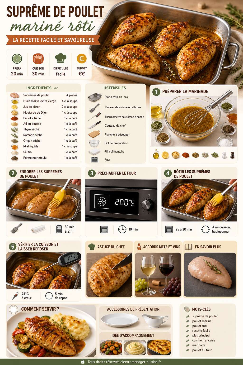 Fiche recette Supr&ecirc;me de poulet marin&eacute; r&ocirc;ti : la recette facile et savoureuse