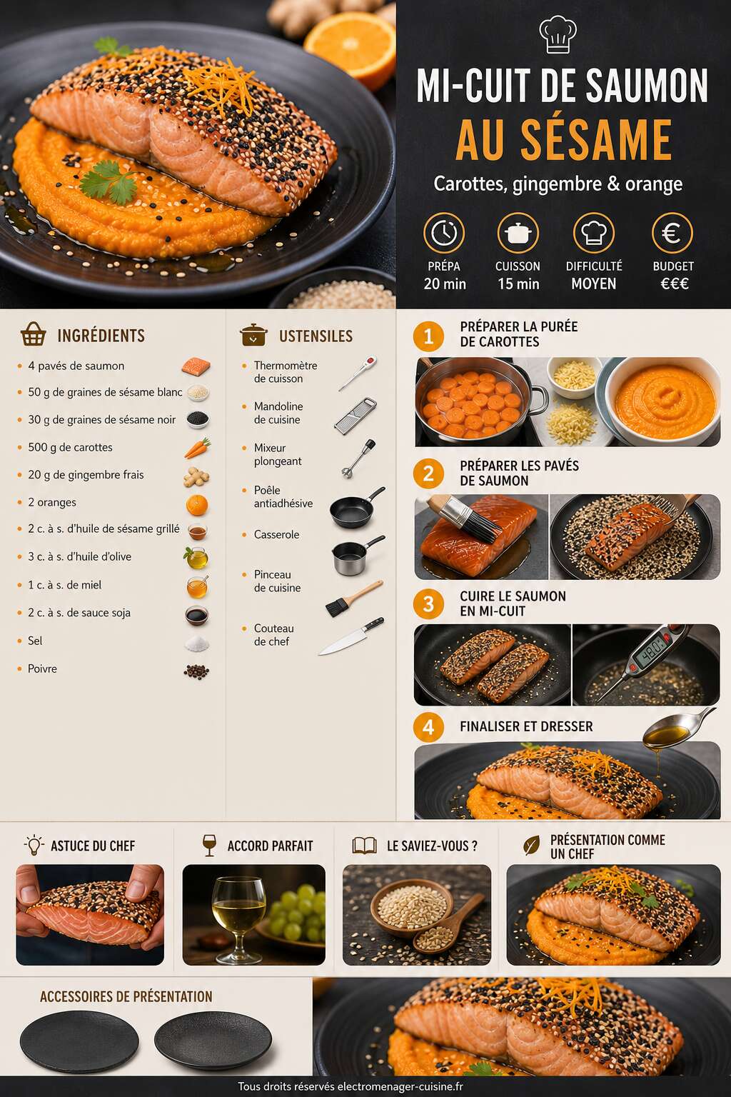 Fiche recette Mi-cuit de saumon au s&eacute;same : recette gourmande aux carottes gingembre et orange
