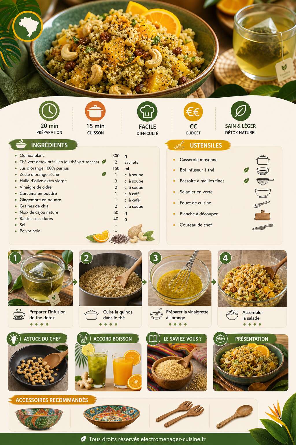 Fiche recette Salade de quinoa &agrave; l'orange et th&eacute; detox br&eacute;silienne : recette l&eacute;g&egrave;re et savoureuse