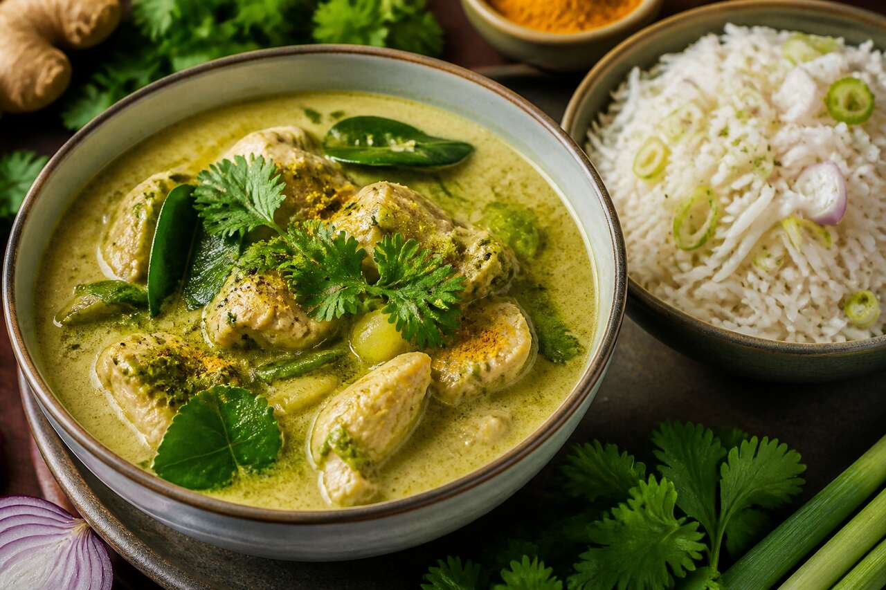 Curry vert de poulet au lait de coco, riz basmati à l'oignon et poireau