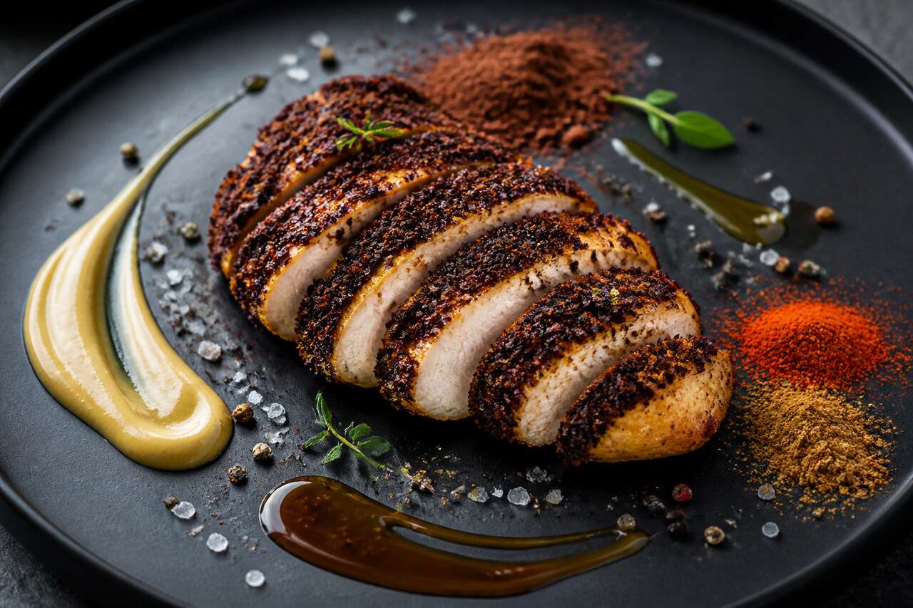 Filet de poulet rôti, robe croustillante de cacao