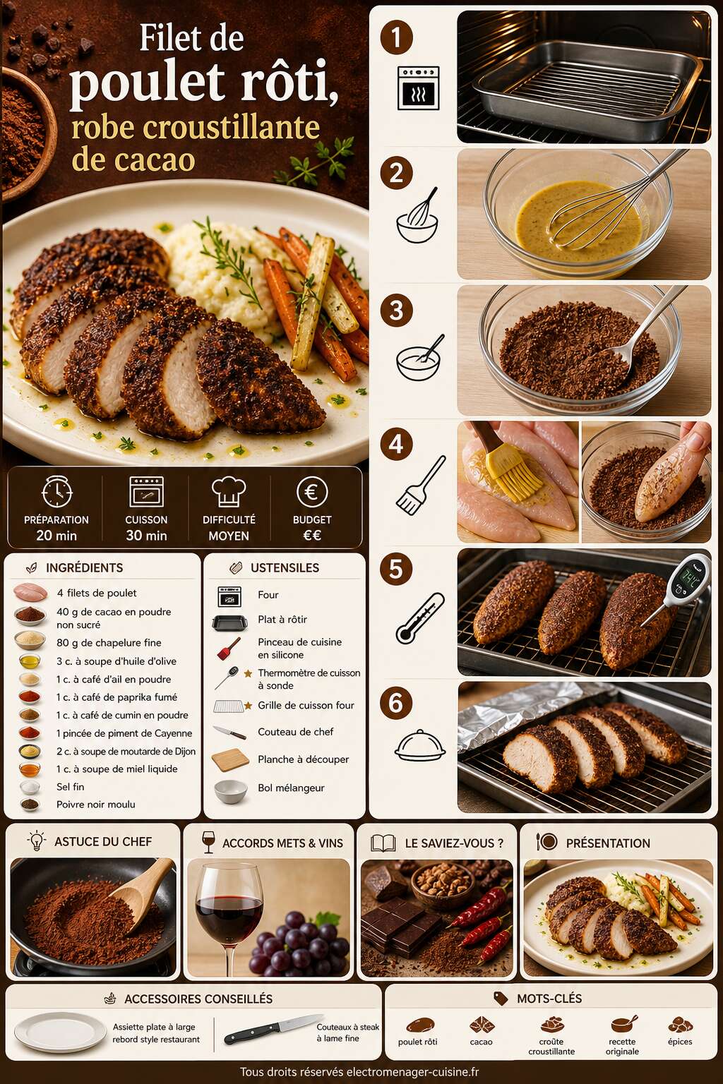 Fiche recette Filet de poulet r&ocirc;ti, robe croustillante de cacao