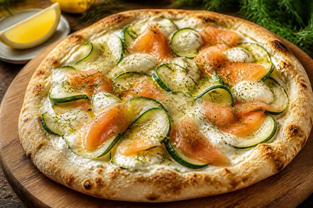 Pizza blanche courgettes et saumon fumé à l'huile de truffe