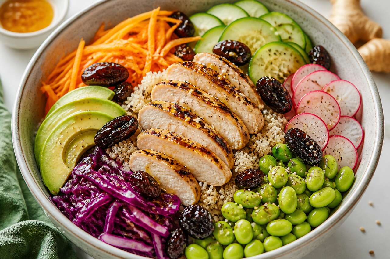 Poke bowl quinoa, poulet et crudités : vinaigrette aux pruneaux d'Agen