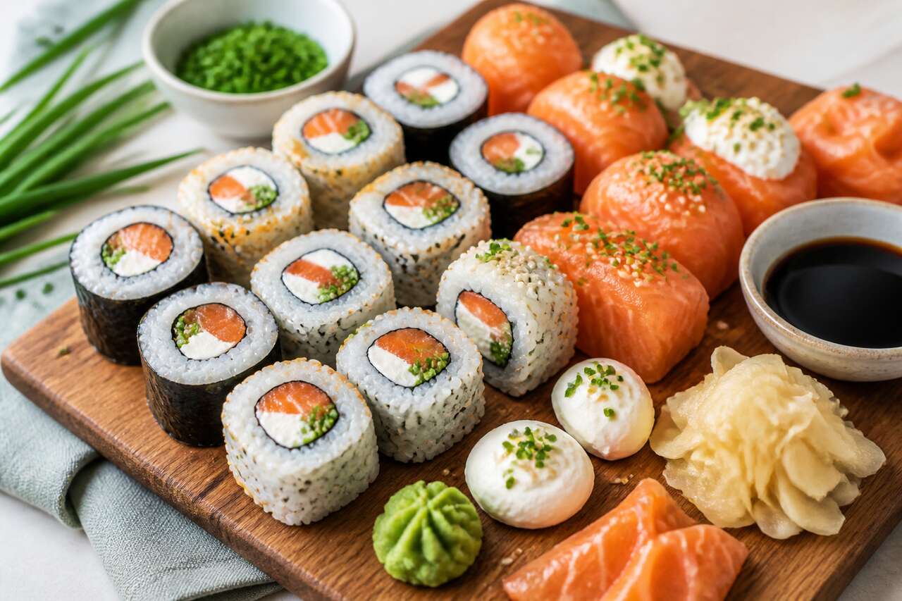 Sushis et makis de saumon au fromage frais et ciboulette