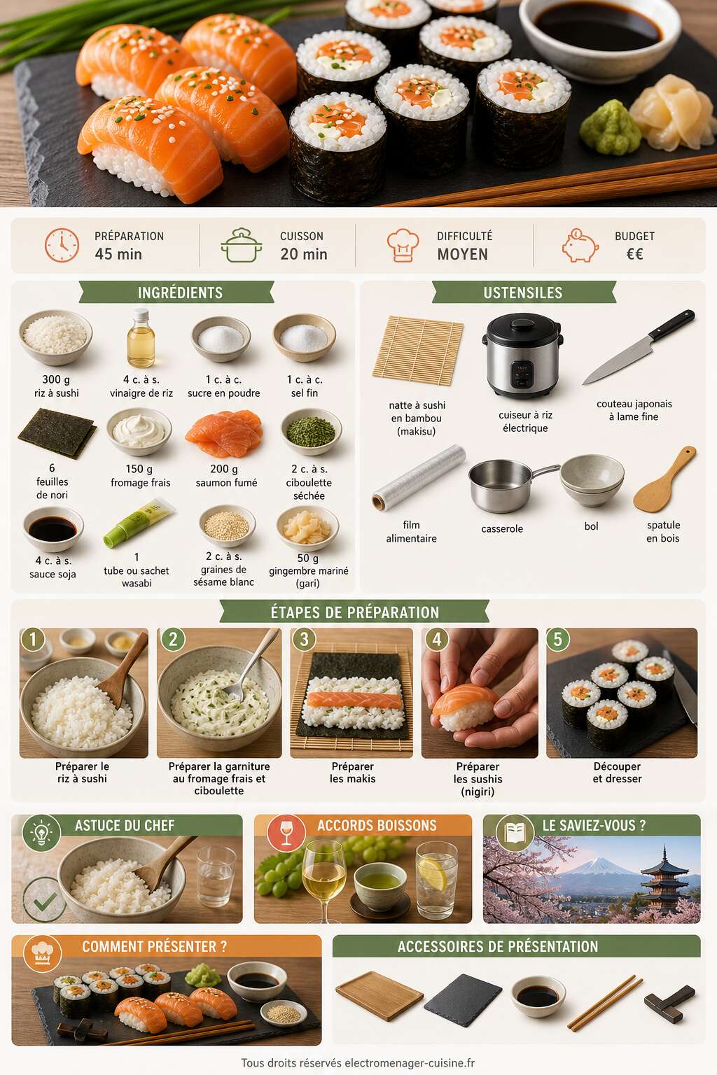 Fiche recette Sushis et makis de saumon au fromage frais et ciboulette