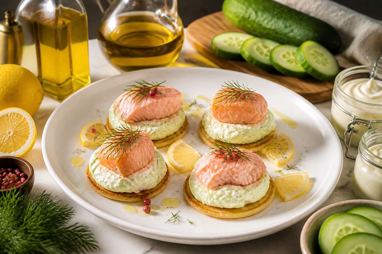 Pavé de saumon vapeur, blinis et crème de concombre au raifort