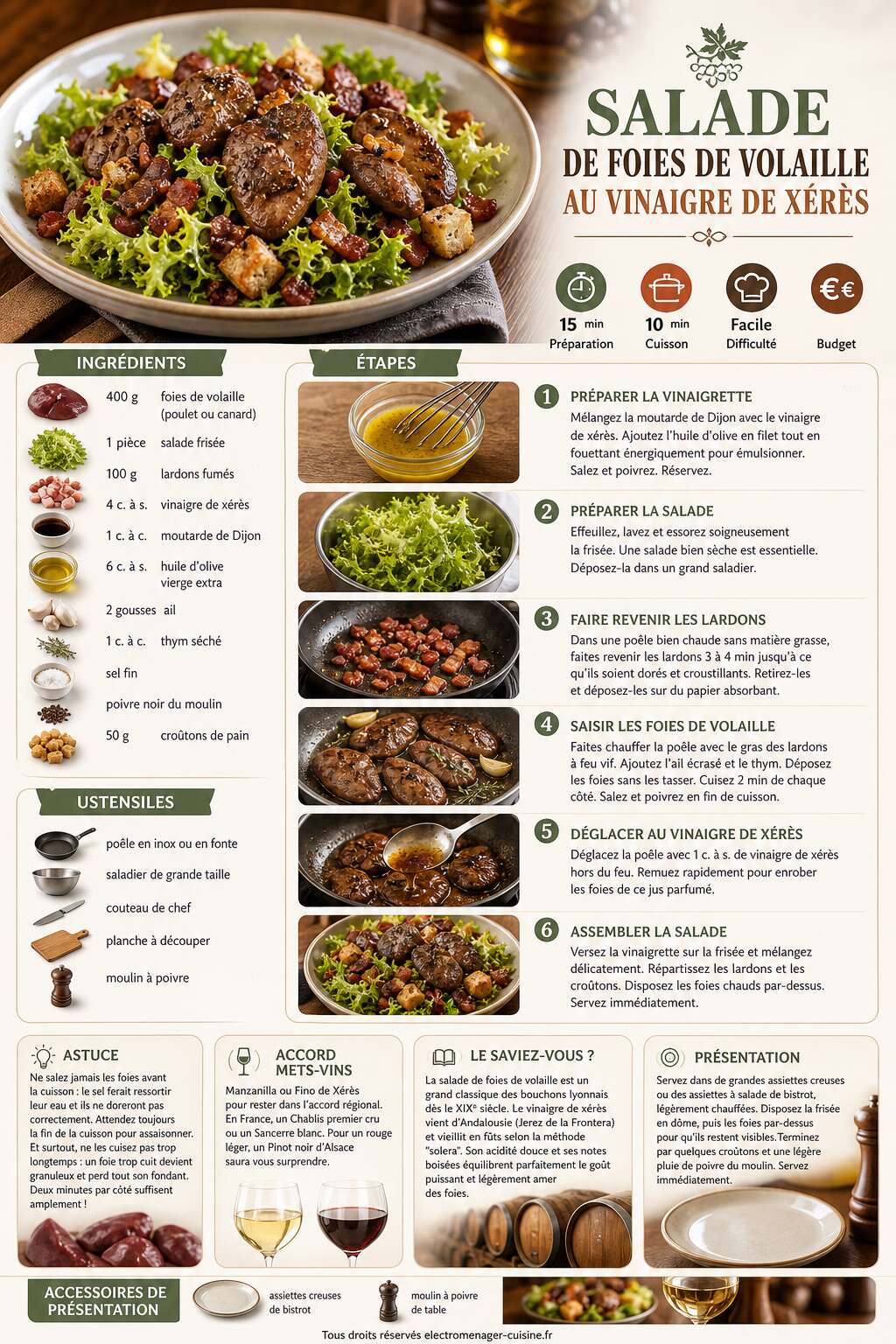 Fiche recette Salade de foies de volaille au vinaigre de X&eacute;r&egrave;s : recette gourmande et facile