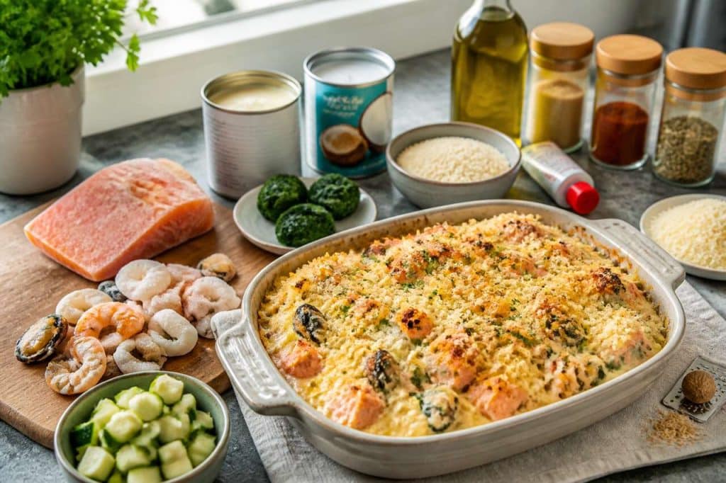 Gratin de saumon aux fruits de mer et légumes