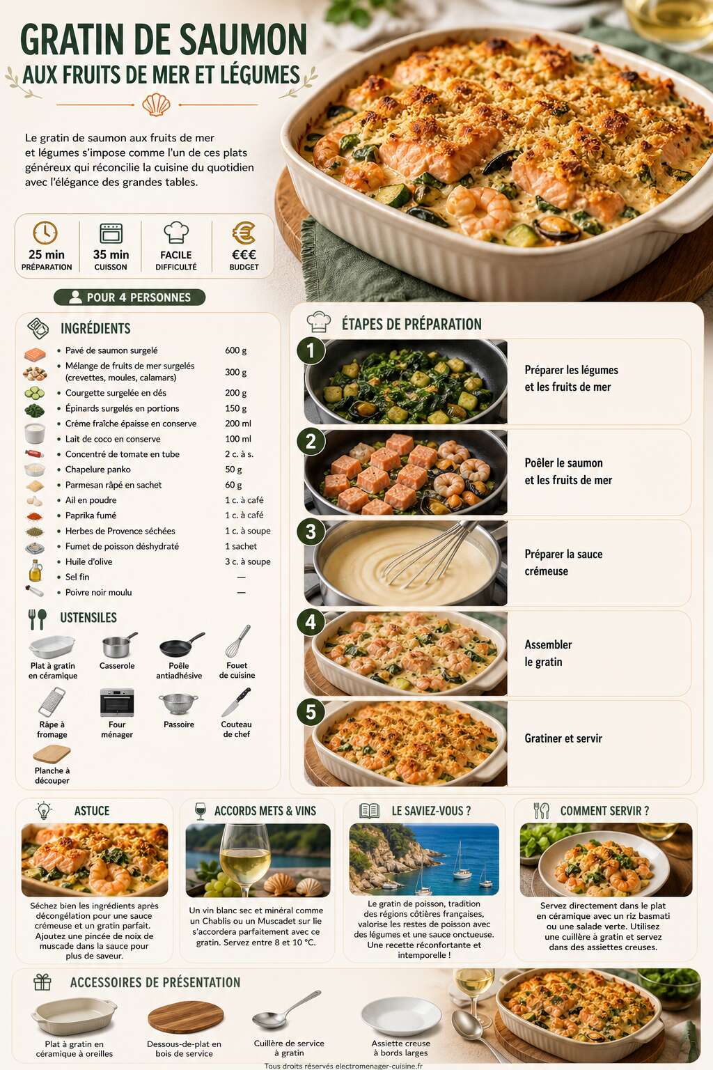 Fiche recette Gratin de saumon aux fruits de mer et l&eacute;gumes