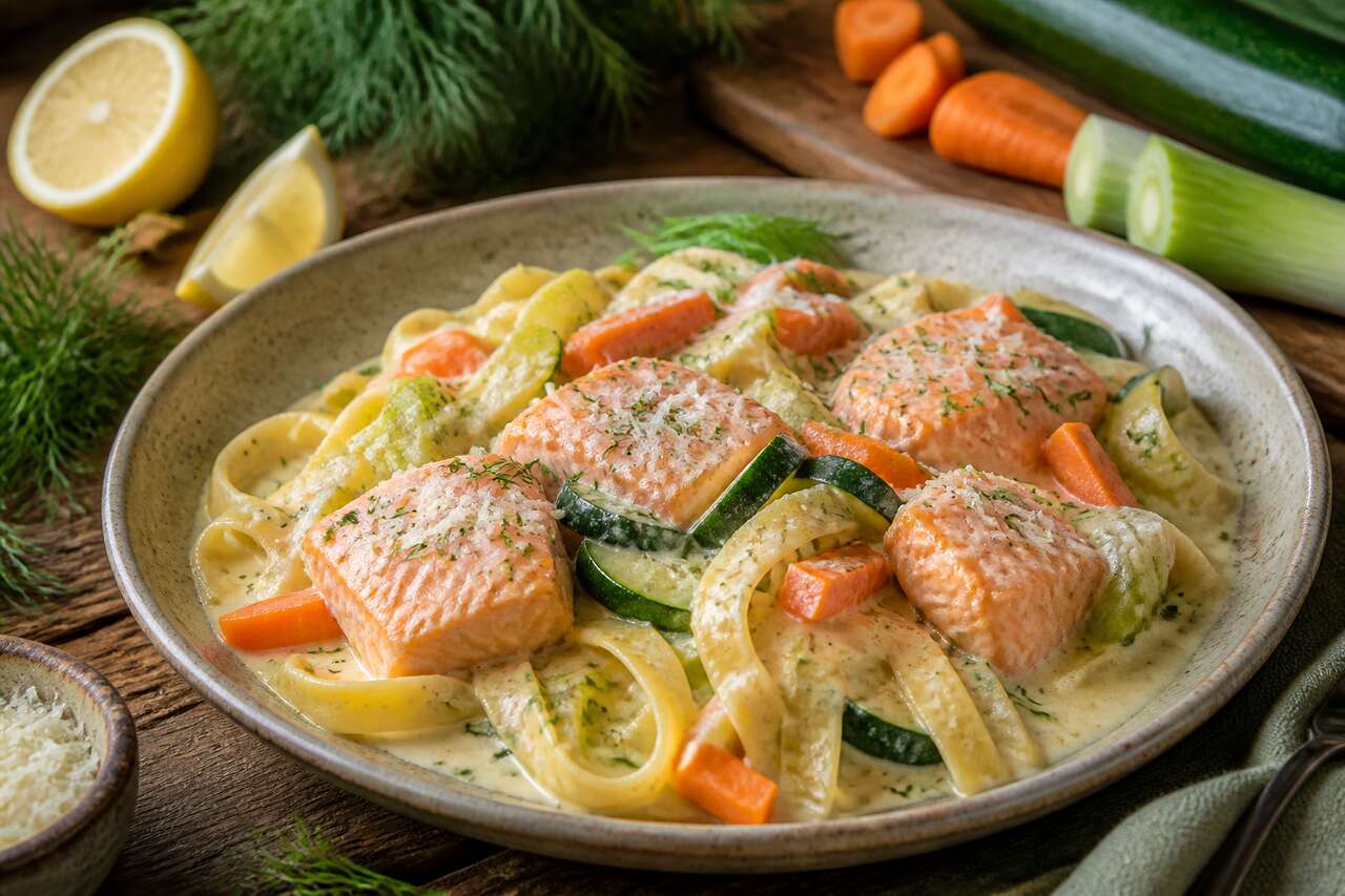 Blanquette de saumon aux légumes : recette gourmande avec tagliatelles et parmesan