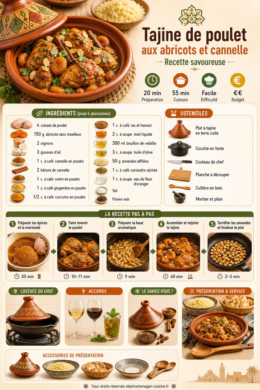 Fiche recette Tajine de poulet aux abricots et cannelle : recette savoureuse