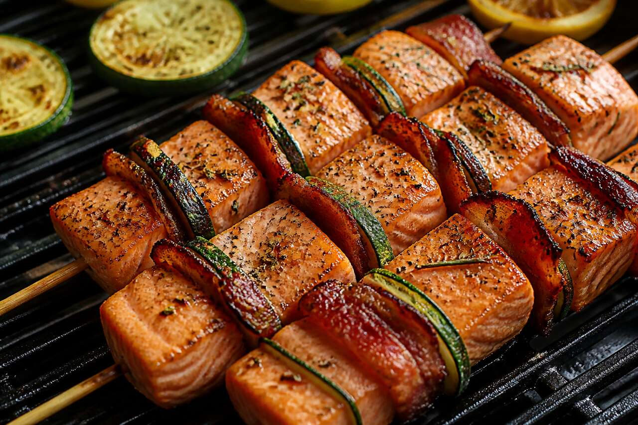 Brochettes de saumon et lard au barbecue : recette savoureuse avec courgettes croquantes