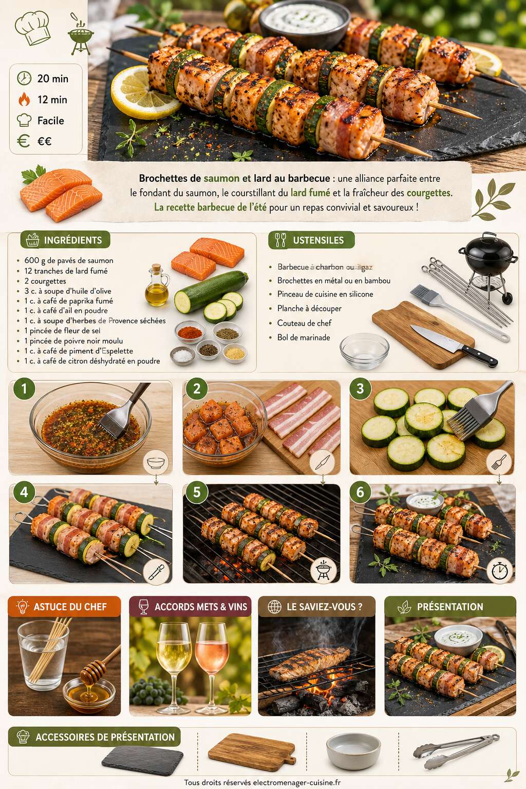 Fiche recette Brochettes de saumon et lard au barbecue : recette savoureuse avec courgettes croquantes
