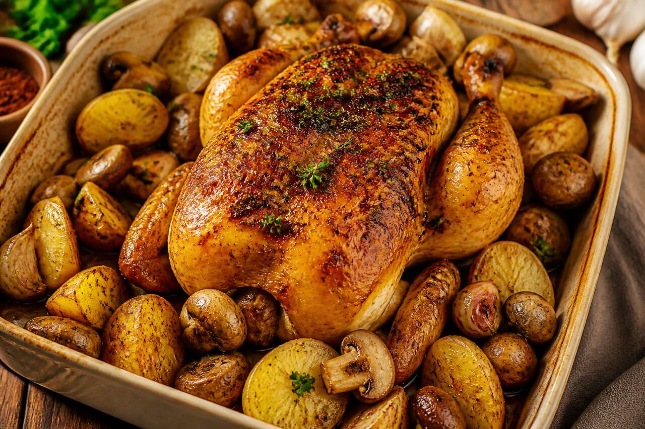 Poulet rôti avec champignons et pommes de terre à l'ail et persil