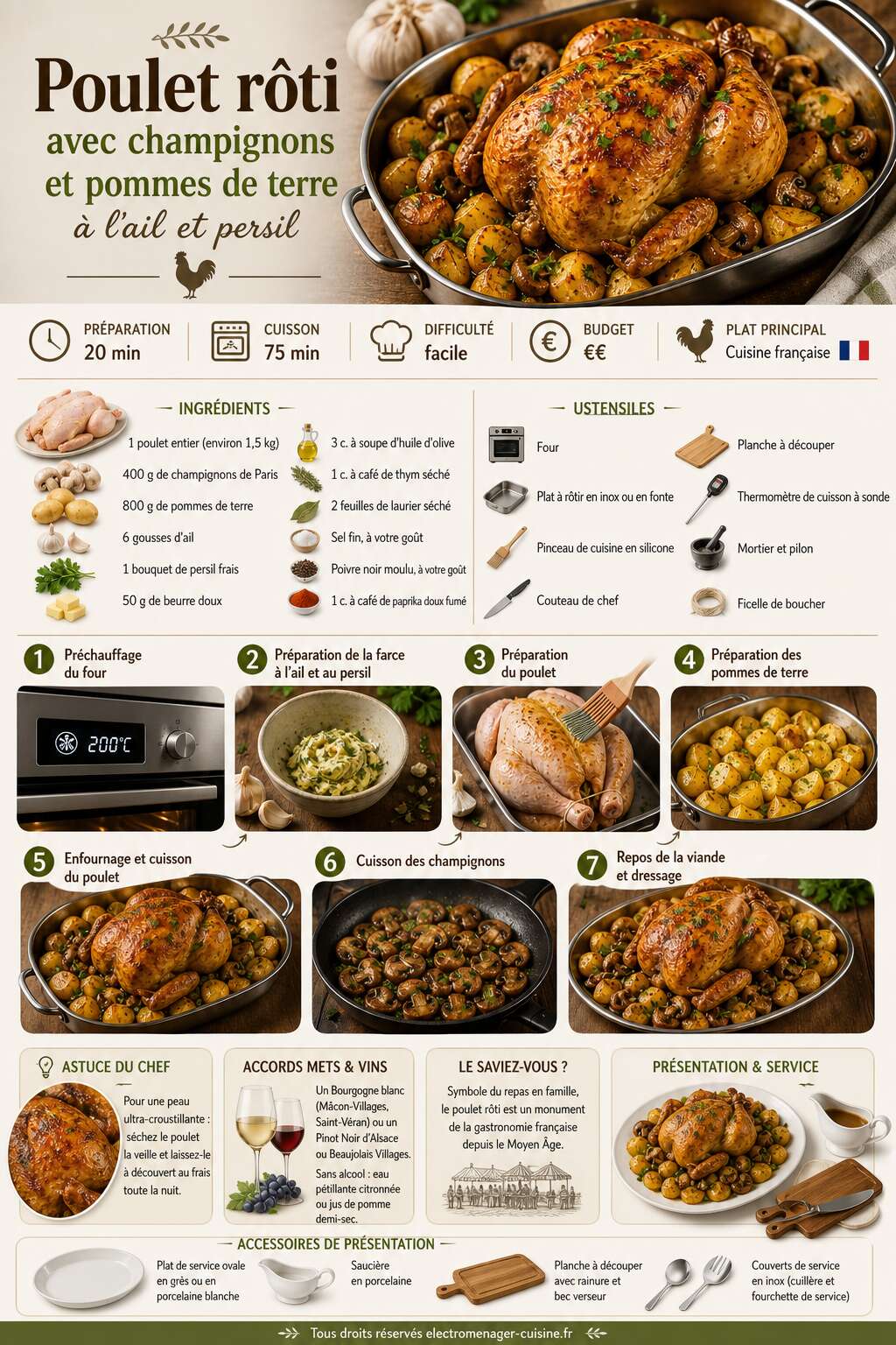 Fiche recette Poulet r&ocirc;ti avec champignons et pommes de terre &agrave; l'ail et persil