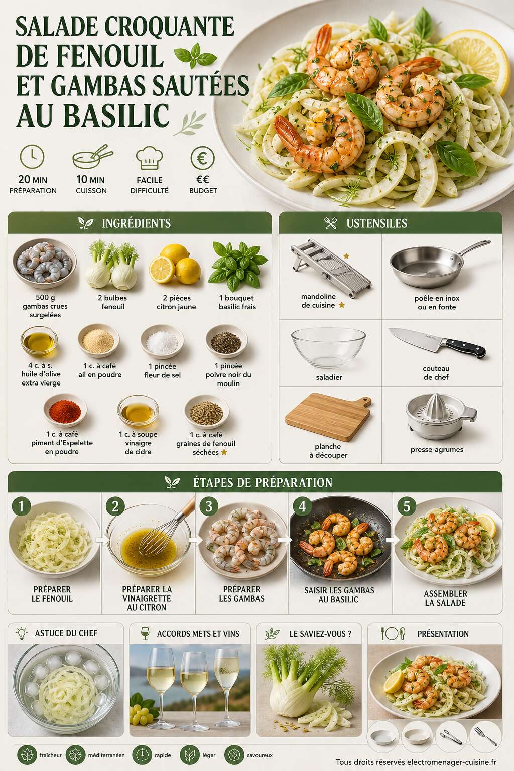 Fiche recette Salade croquante de fenouil et gambas saut&eacute;es au basilic