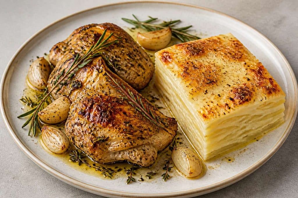 Poulet aux aromates et gratin dauphinois : recette savoureuse
