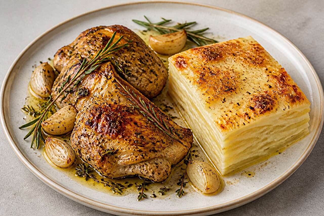 Poulet aux aromates et gratin dauphinois : recette savoureuse