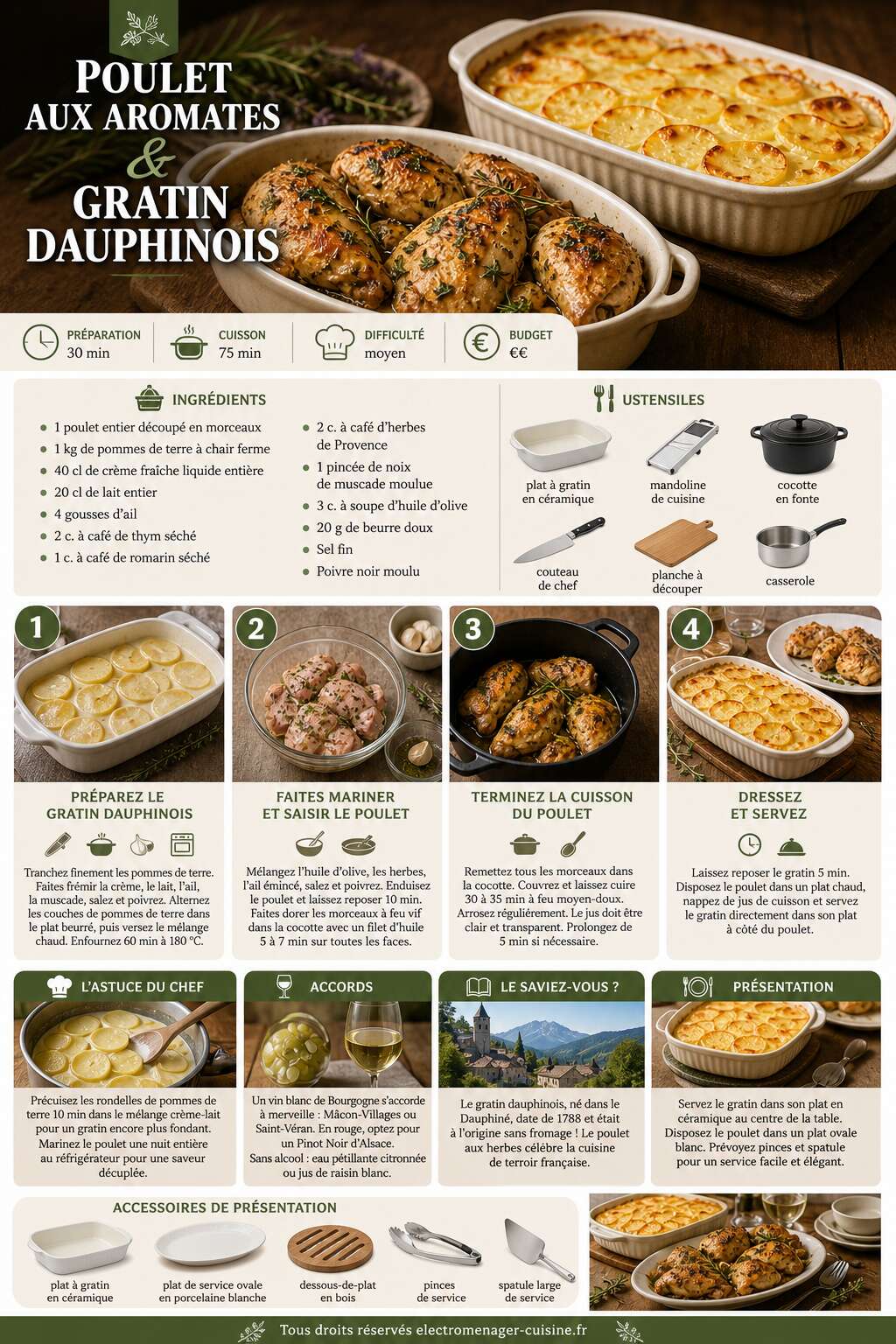 Fiche recette Poulet aux aromates et gratin dauphinois : recette savoureuse