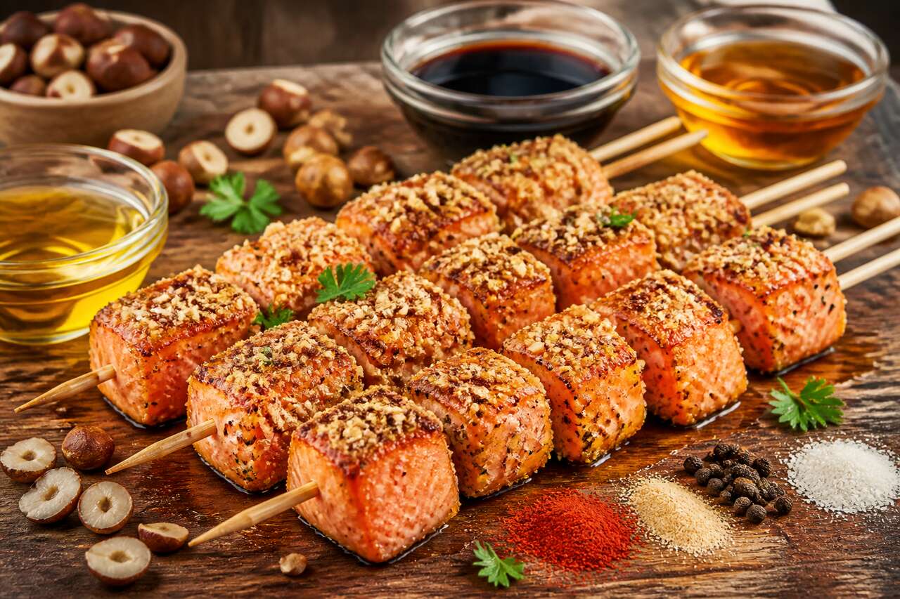 Brochettes de saumon à la noisette : recette savoureuse et facile