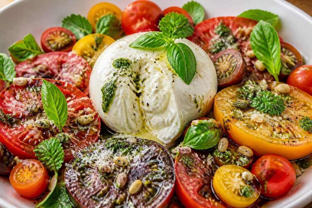 Salade de tomates, burrata crémeuse et pesto basilic-mélisse