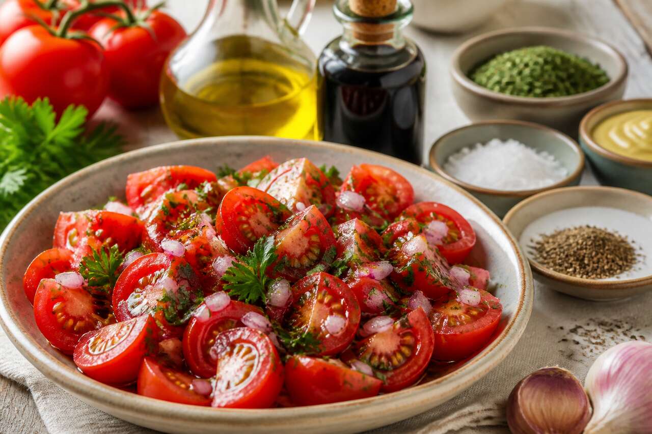 Salade de tomates : vinaigrette balsamique, échalotes et persil