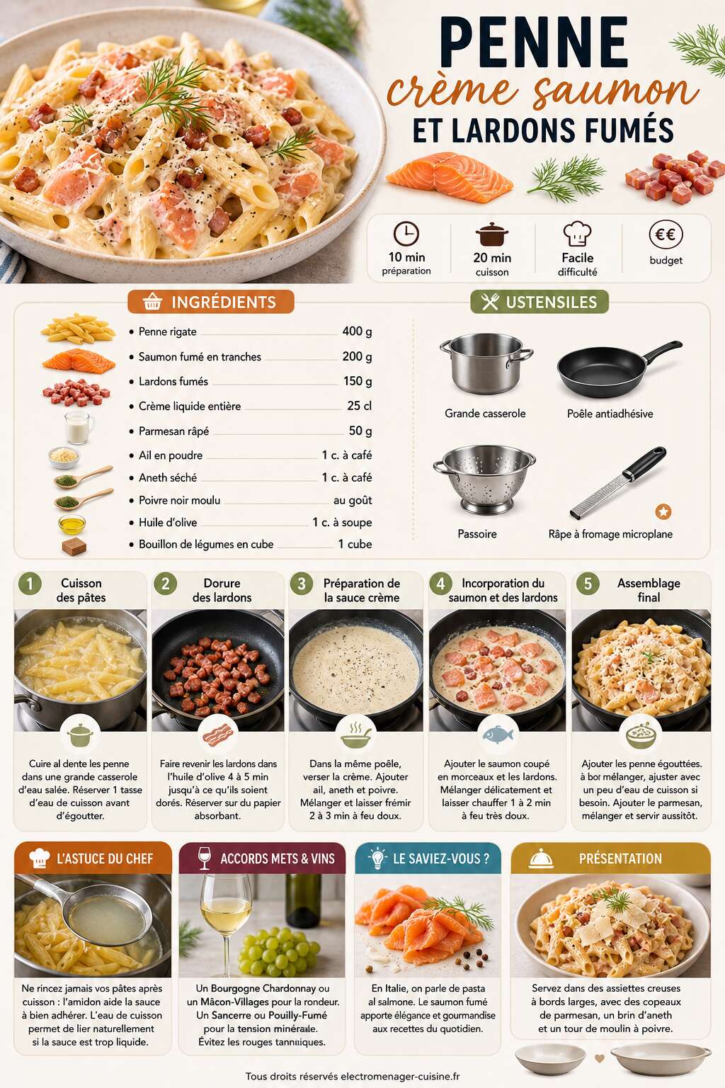 Fiche recette Penne cr&egrave;me saumon et lardons fum&eacute;s : recette gourmande